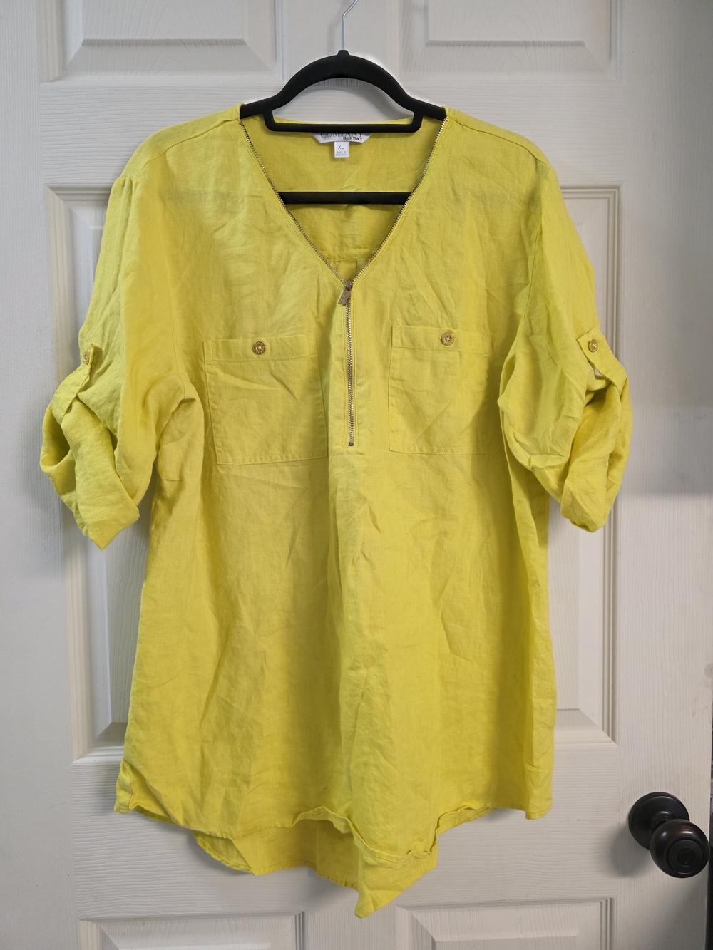 Ellen Tracy Bright Yellow Zip-Front Linen Tunic Top